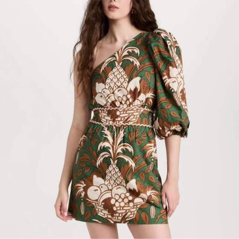 NWT Cara Cara Danielle One Shoulder Cotton Mini Dress Green Fruit Basket Size XL